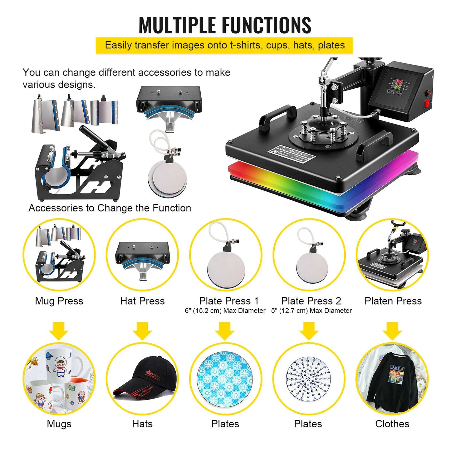 VEVOR Combo Heat Press Machine 5/6/8 in 1 30*38CM 38*38CM Muntifunctional Sublimation Printer Transfer for Mug Hat Plate T-Shirt