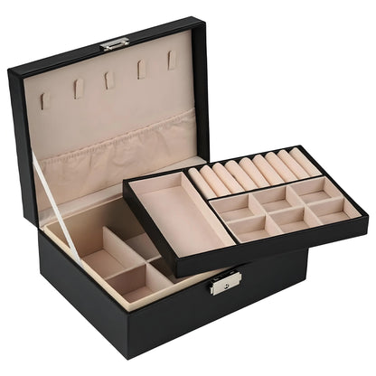 Double-Layer Wooden Jewelry Box with PU Leather Ring Box Jewelry Storage Organizer And Makeup Case Packaging