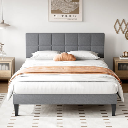 JHK Queen Bed Frame with Headboard No Box Spring Needed Linen Upholstered Wooden Platform Bed Frame with Wood Slats Support
