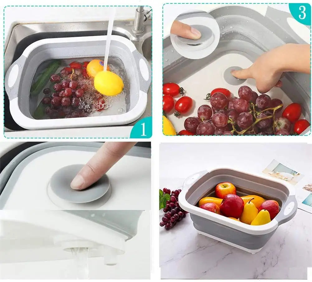 2PCS Collapsible Cutting Board Drain Basket, Portable Multi-Function Vegetable Fruits Drain Basin, for Kitchen/Outdoor Camping