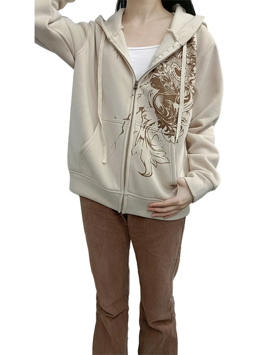 Women Hoodie Vintage Long Sleeve Graphic Print Zipper Closure Sweatshirt with Pockets