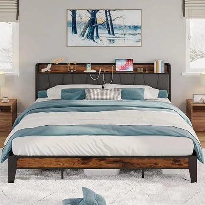 LIKIMIO Twin/Twin XL/Full/Queen/King/California King Bed Frames, Storage Headboard with Charging Station, No Box Spring Needed