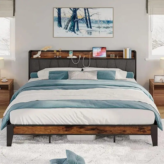 LIKIMIO Twin/Twin XL/Full/Queen/King/California King Bed Frames, Storage Headboard with Charging Station, No Box Spring Needed
