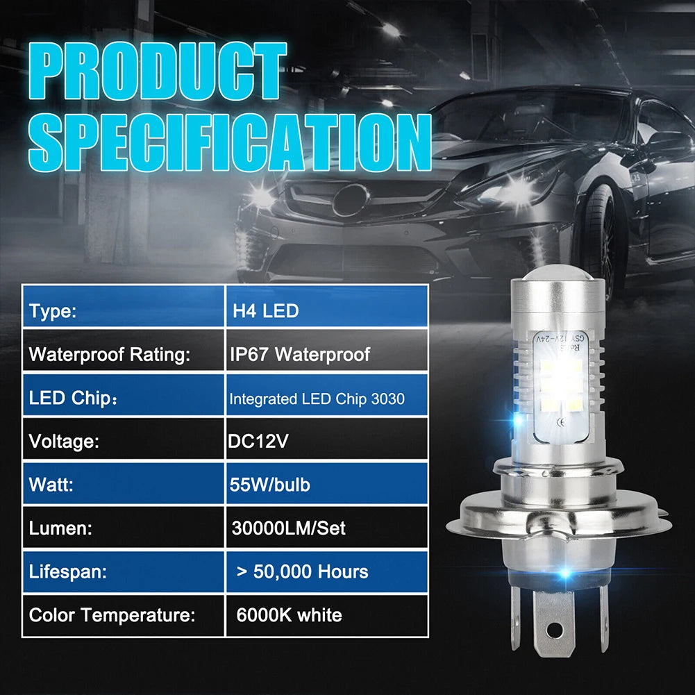 H4 9003 HB2 Headlight Conversion Kit Super Bright 12V Car Running Lamp IP67 Waterproof LED Driving Light White Aluminum 15000LM
