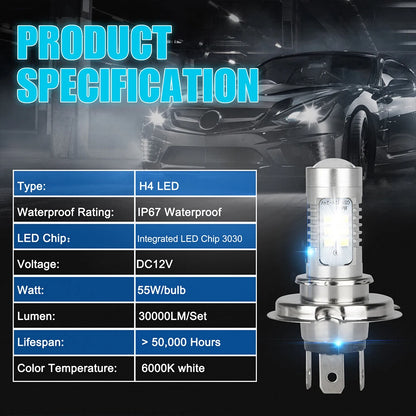 H4 9003 HB2 Headlight Conversion Kit Super Bright 12V Car Running Lamp IP67 Waterproof LED Driving Light White Aluminum 15000LM