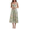 Women Summer Casual Midi Dress Floral Print Low-Cut Sleeveless Sling Sweet Dress Fashion Backless Temperament Dress