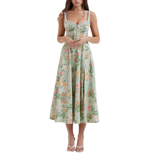 Women Summer Casual Midi Dress Floral Print Low-Cut Sleeveless Sling Sweet Dress Fashion Backless Temperament Dress