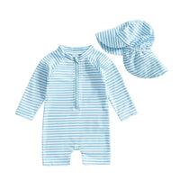 Infant Boys Girls Sun Protection Swimwear Set with Hat 2 Piece UV Rash Guard Suit Striped Zip Up Long Sleeve Crew Neck