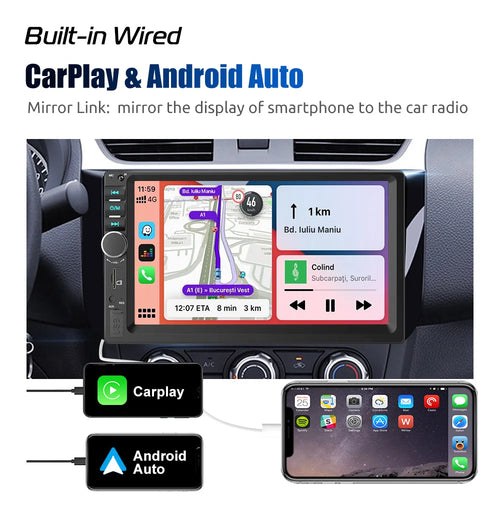 ESSGOO 7 Inch 2 DIN Car Stereo Radio Wired Carplay Android Auto MP5 Player Touch Screen USB/TF CAM AUX FM Bluetooth Head Unit