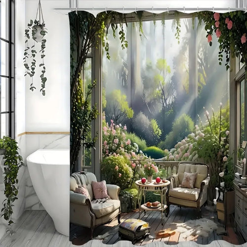 Romantic Pink Flower Shower Curtain - Water-Repellent & Durable Polyester, Lush Woven Weave Design, Complete with Hooks,