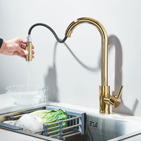 Polished Gold Kitchen Sink Faucet Pull Out Spout  Cold Hot Water Mixer Taps Deck Mounted