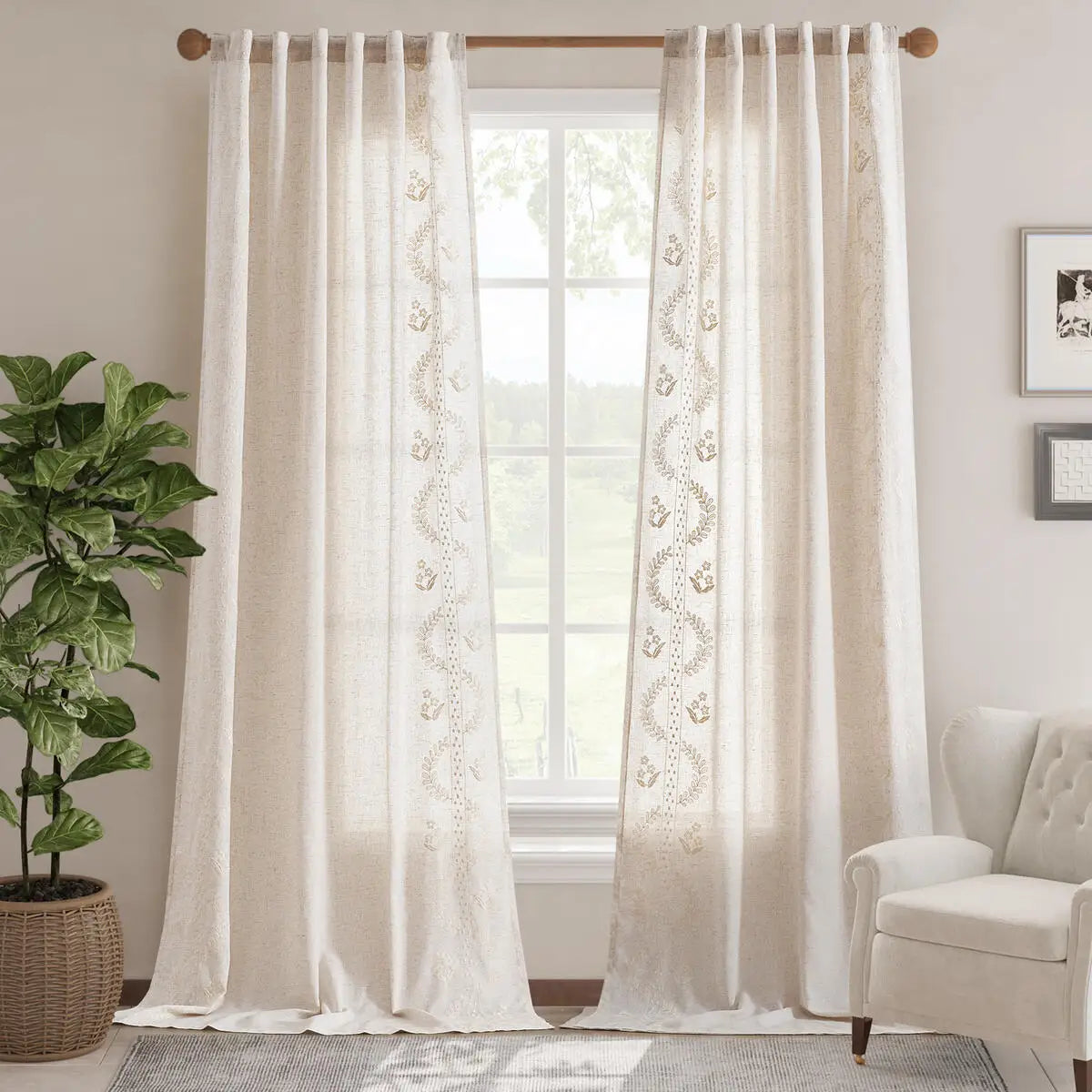 JINCHAN 2PCS Farmhouse Flower Embroidered Curtains Living Room Bedroom Light Filtering Linen Blend Window Curtain Boho Drapes