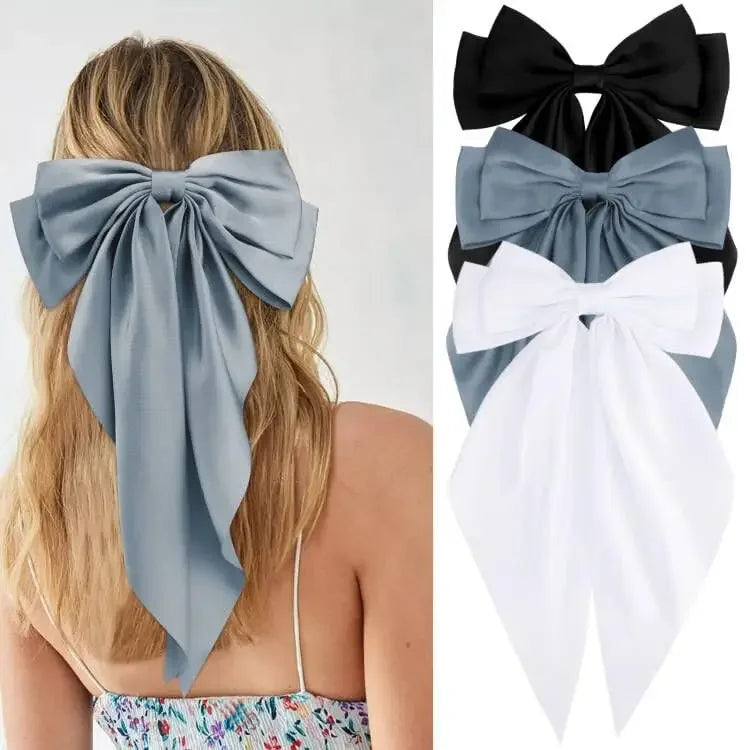 Hair Bows for Women Girls 3Pcs White Pink Black Silky Satin Large Bows Hair Clip Oversized Hair Ribbons Long Tail Big Hair Bows