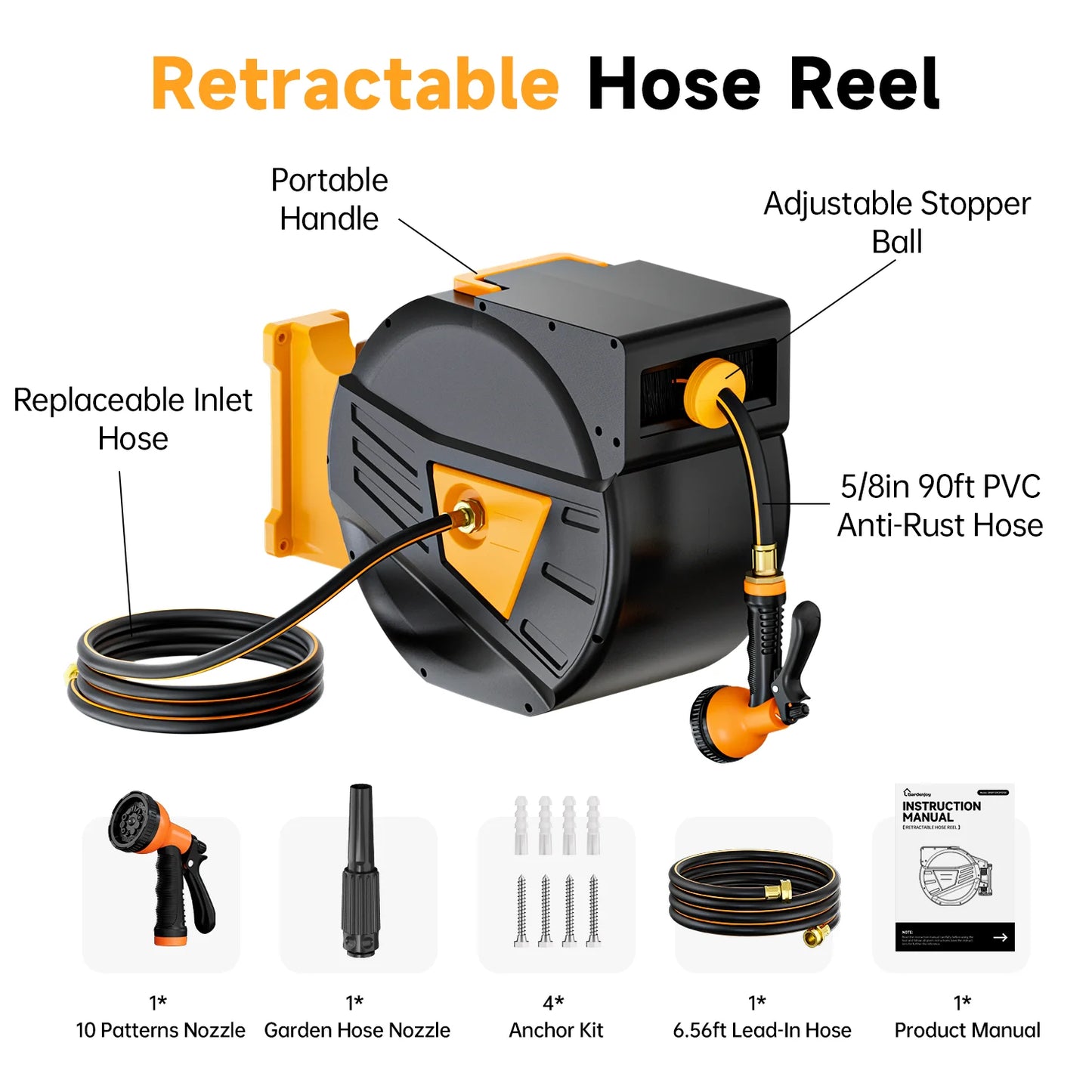 GardenJoy Retractable Garden Hose Reel with garden accsesories 5/8in 90ft Garden tools Irrigation hose outdoor garden hose