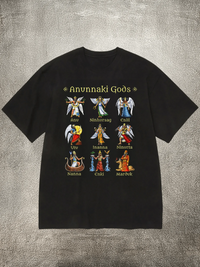 Men's Black 200g Cotton Crew - Neck Short - Sleeve T - Shirt with "Anunnaki Gods" Theme Heat - Transfer Print
