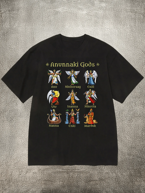 Men's Black 200g Cotton Crew - Neck Short - Sleeve T - Shirt with "Anunnaki Gods" Theme Heat - Transfer Print