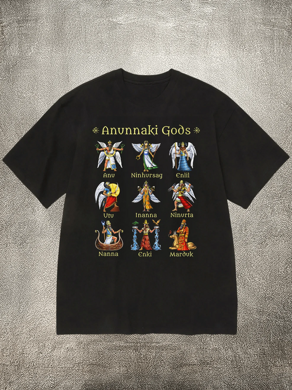 Men's Black 200g Cotton Crew - Neck Short - Sleeve T - Shirt with "Anunnaki Gods" Theme Heat - Transfer Print