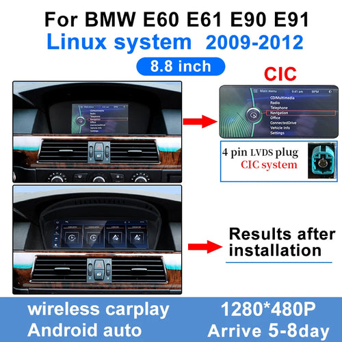 8.8"Touch Screen Display For BMW 3/5 Series E60 E61 E90 E91 CCC CIC 2005-2012Wireless Carplay Android Auto Car Multimedia Player