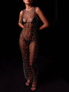 Women s Sheer Mesh Dress Sleeveless Round Neck Pearl Long Dress Bikini Cover Up Dress