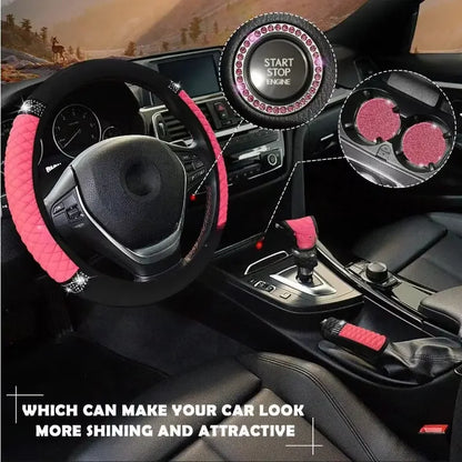 10pcs Sparkling Faux Diamond PU Leather Car Accessories Set Including Steering Wheel Cover, Center Console Armrest Pad