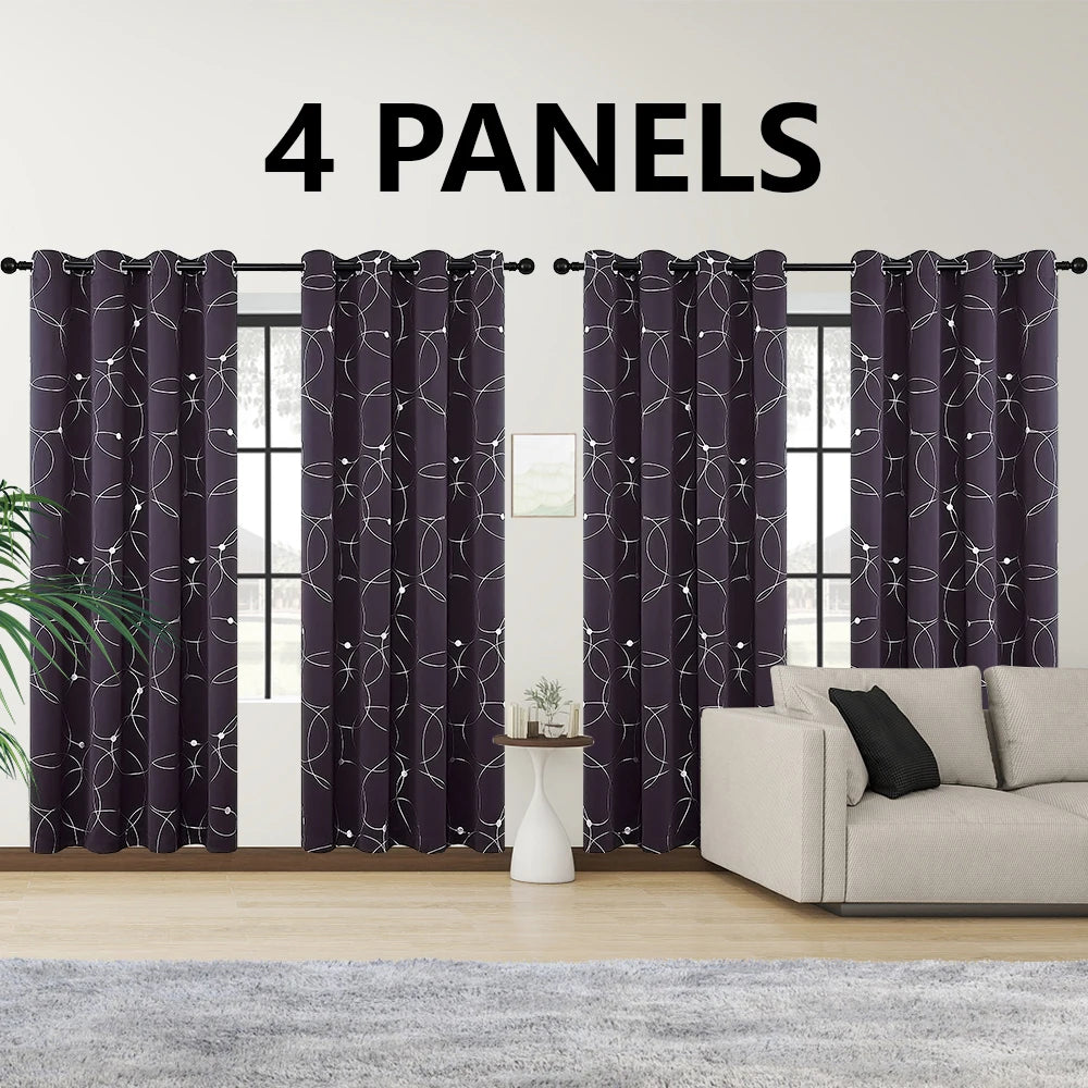 4PCSBlackout Curtains Grommet Thermal Insulated Room Darkening  With Circle And Dots Foil Printed For Bedroom