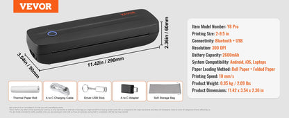 VEVOR Portable Bluetooth Inkless Mobile Thermal Printer for A4 A5 11-2600mAh Battery Compatible with Mutiple Systems Home Office