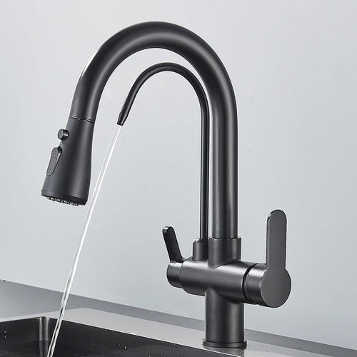 Quyanre Matte Black Filtered Crane For Kitchen Pull Out Spray 360 Rotation Water Filter Tap Three Ways Sink Mixer Kitchen Faucet EzBuyCo