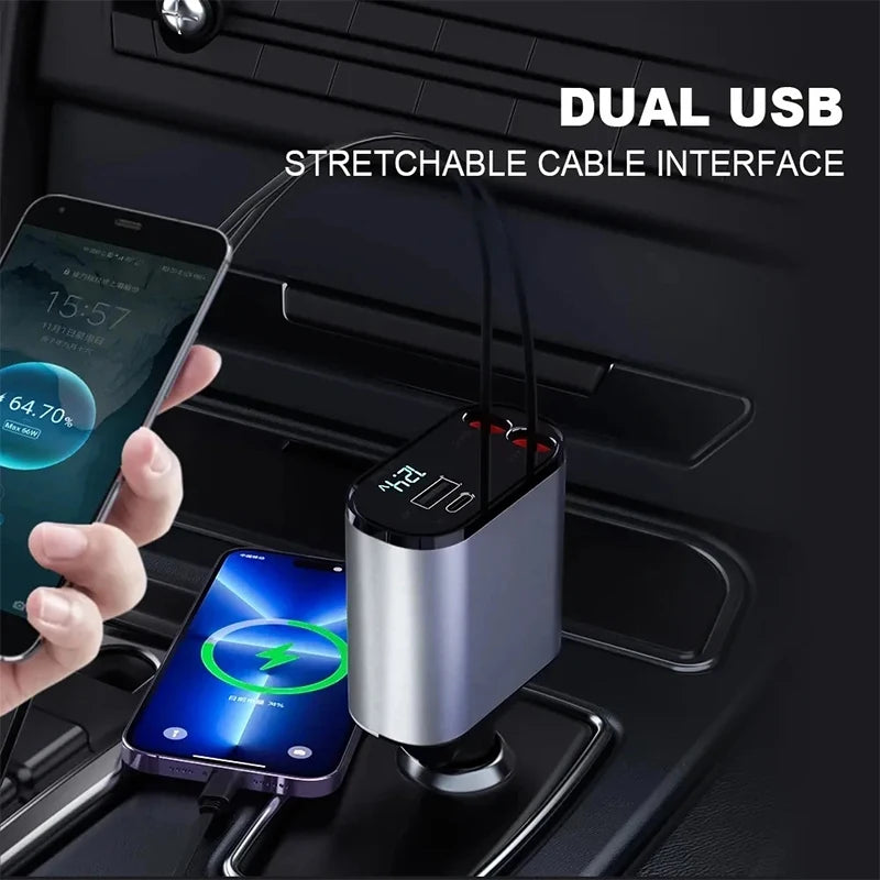 4 in 1 120W Car Charger Retractable Car Cigarette Lighter Adapter USB Type C Fast Charger Cable For IPhone Xiaomi Huawei Samsung