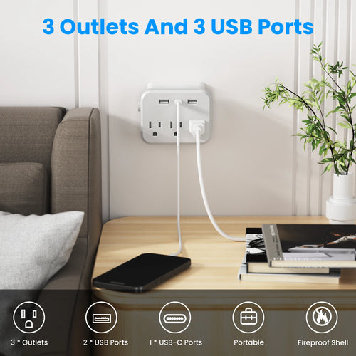 TRANSTON   2 pcs，Switch with surge protector Mini Portable power strip 6-in-1 Multifunctional 3 power strip 2 USB ports 1-usb-c