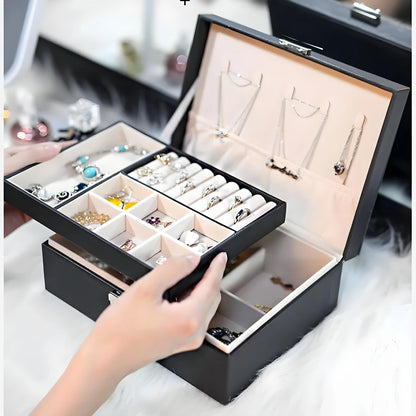 Double-Layer Wooden Jewelry Box with PU Leather Ring Box Jewelry Storage Organizer And Makeup Case Packaging