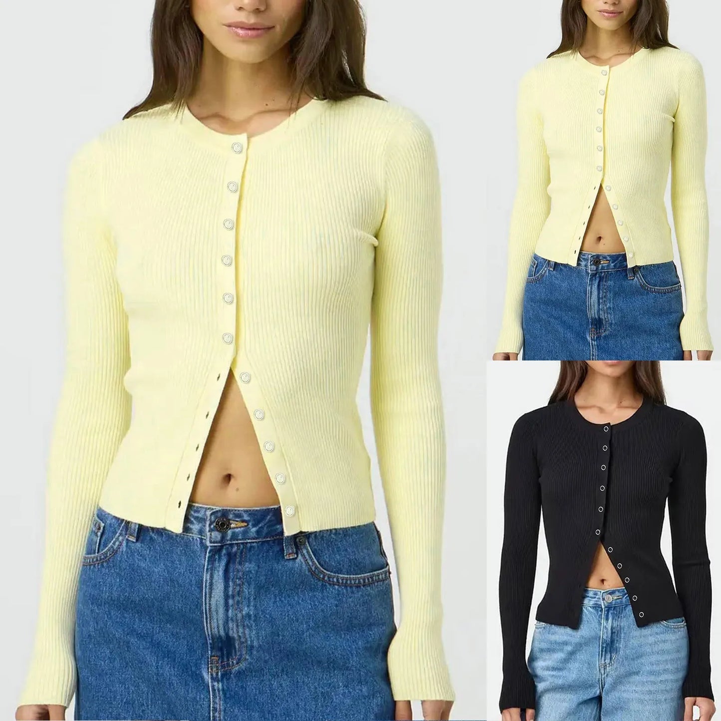 Ribbed Knit Cardigan T-shirt Long Sleeve Women Slim Fit O-neck Crop Top Button Korean Chic Women Clothing Sweater Streetwear New
