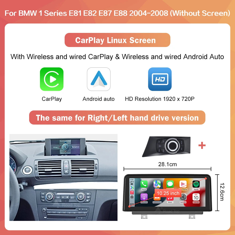 Road Top Wireless CarPlay Android Auto Car Multimedia player For BMW 1 Series E81 E82 E87 E88 Head Unit Screen Display monitor