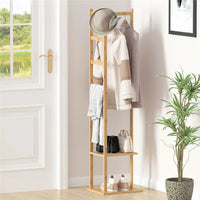 Heavy Duty Bamboo Coat Stand Freestanding Corner Clothes Rack with Hook and Shelves