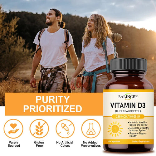 Vitamin D3 10,000 IU Capsules for Supporting Bone, Teeth, Muscle, Tissue and Immune Health, Non-GMO