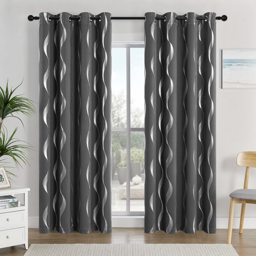 4Pcs Blackout Curtains Grommet Thermal Insulated Room Darkening  With Wave Foil Printed For Bedroom