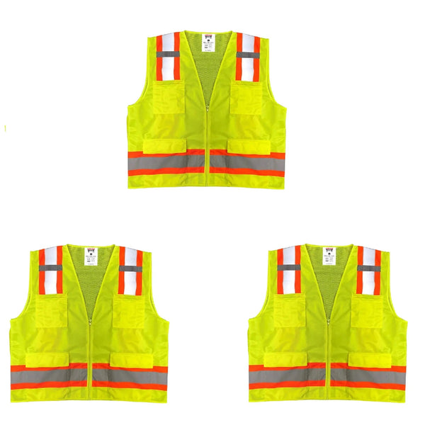 Safety Main 05TTSYZ Surveyor Vest, Class 2, Solid Front, Mesh Back, Hi-Vis Yellow, Pack of 3