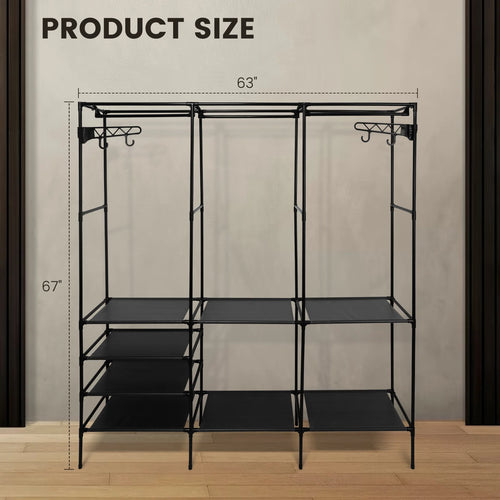 Metal Garment Rack Shoe Clothing Organizer Shelves Freestanding Multifunctional Clothes Wardrobe, Black