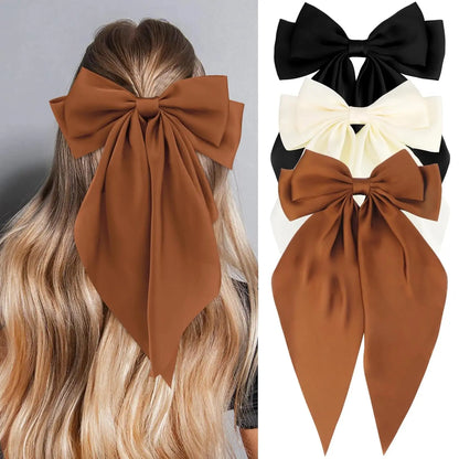 Hair Bows for Women Girls 3Pcs White Pink Black Silky Satin Large Bows Hair Clip Oversized Hair Ribbons Long Tail Big Hair Bows
