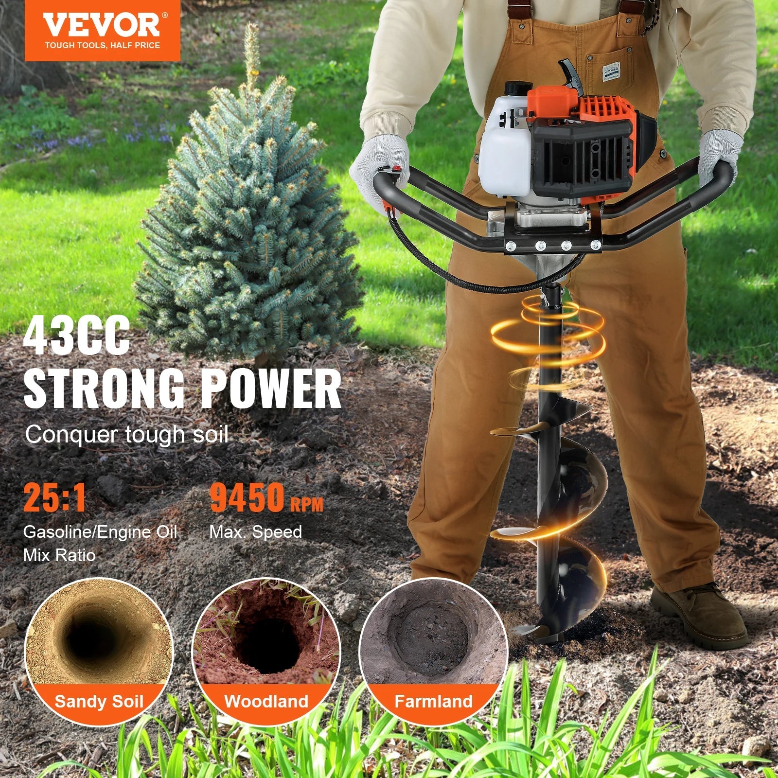 VEVOR Fuel-powered Auger  Post Hole Digger Gas Powered Earth Auger Borer Ground Petrol Earth Auger Post 52cc/43cc Hole Digger EzBuyCo