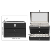 Glasses and Watch Organizer Box, Black Faux Leather 12-Watch Box and 12-Glasses Storage Jewelry Case with Drawer and Lock
