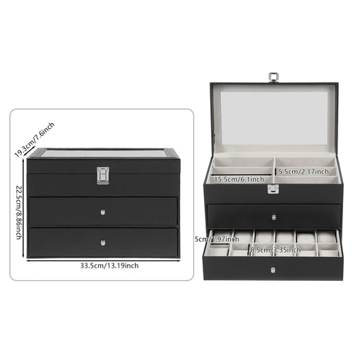 Glasses and Watch Organizer Box, Black Faux Leather 12-Watch Box and 12-Glasses Storage Jewelry Case with Drawer and Lock
