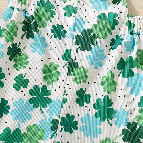 St Patrick s Day Toddler Girls Green Clover Print Sleeveless Flare Leg Jumpsuit Overalls Romper with Ruffles