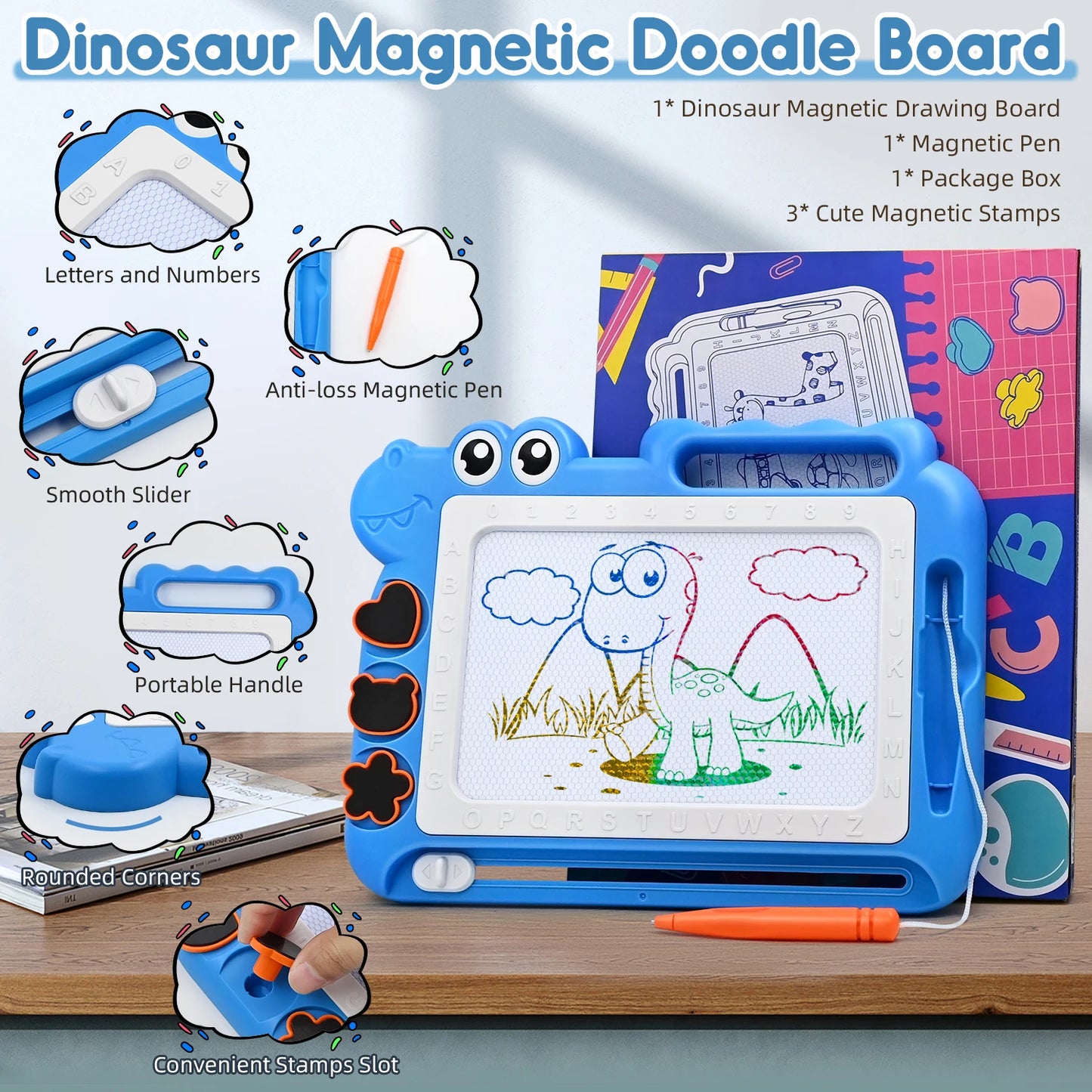 Magnetic Drawing Board Toddler Toys Gift for 3 Year Old Girls Boys, Sketch Writing Doodle Pad Age 4 Travel Games, Blue