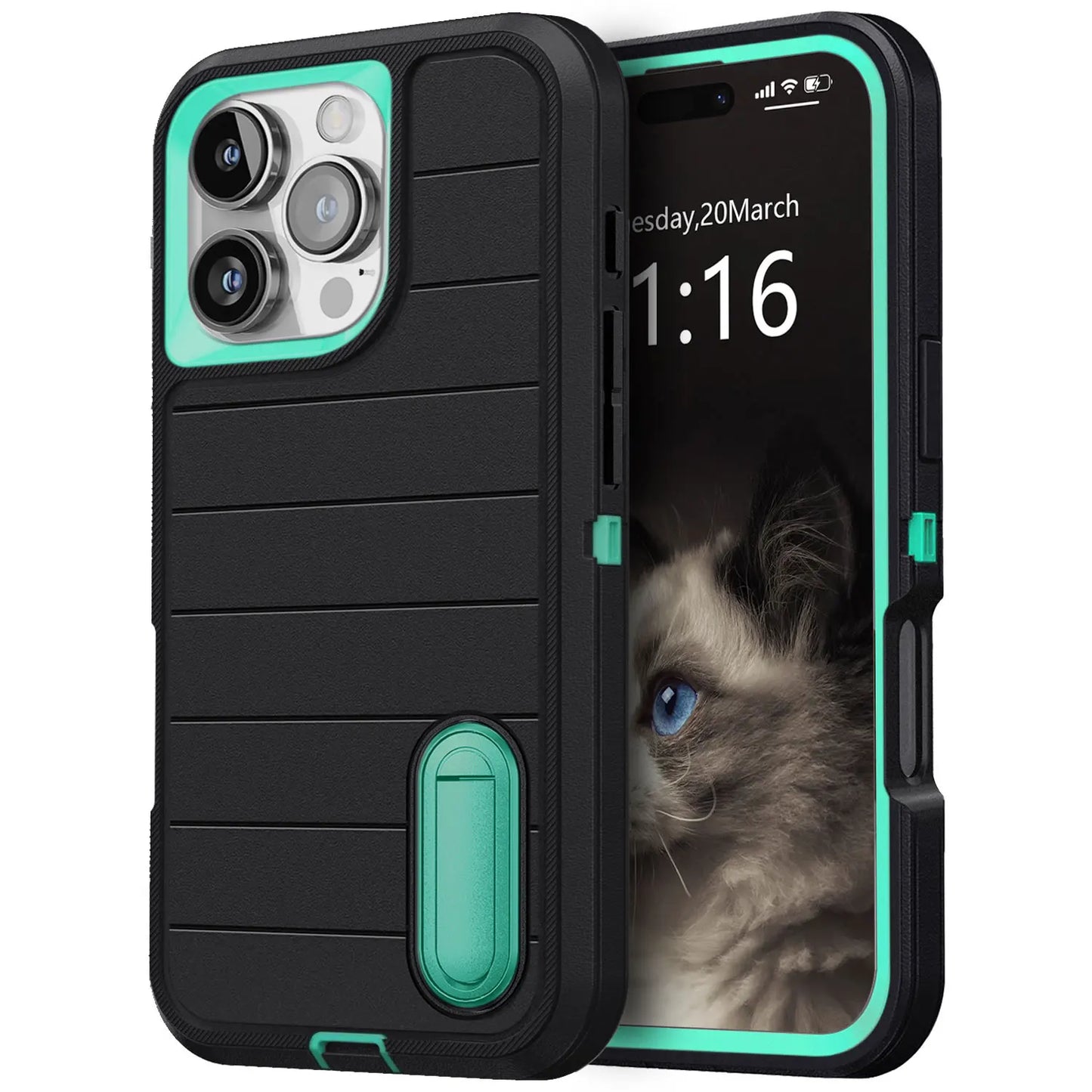 For iPhone 16/iPhone 16 Plus/iPhone 16 Pro/iPhone 16 Pro Max Case 3-Layers Heavy Duty Protective Kickstand Cover Black Green