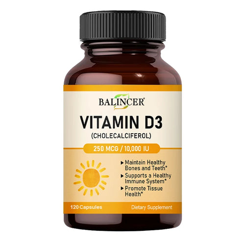Vitamin D3 10,000 IU Capsules for Supporting Bone, Teeth, Muscle, Tissue and Immune Health, Non-GMO