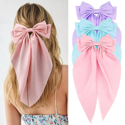 Hair Bows for Women Girls 3Pcs White Pink Black Silky Satin Large Bows Hair Clip Oversized Hair Ribbons Long Tail Big Hair Bows