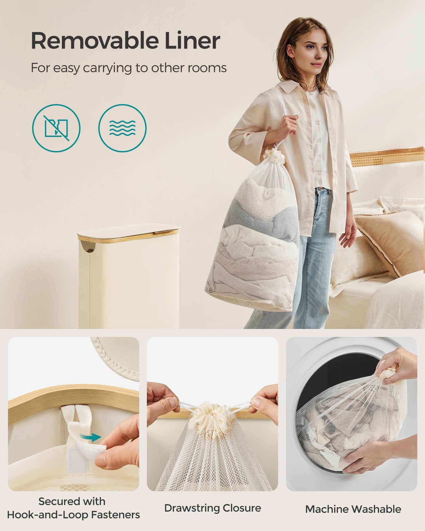 SONGMICS Laundry Hamper with Lid, Slim Laundry Basket, 17.2 Gallons (65L), Space-Saving, Removable Mesh Liner, Bamboo Handles