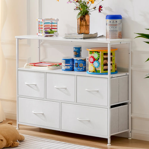 JHK Fireplace TV Stand Dresser For Bedroom With 5 Fabric Drawers Storage Closet Chest Clothes Storage Display Cabinet Furniture