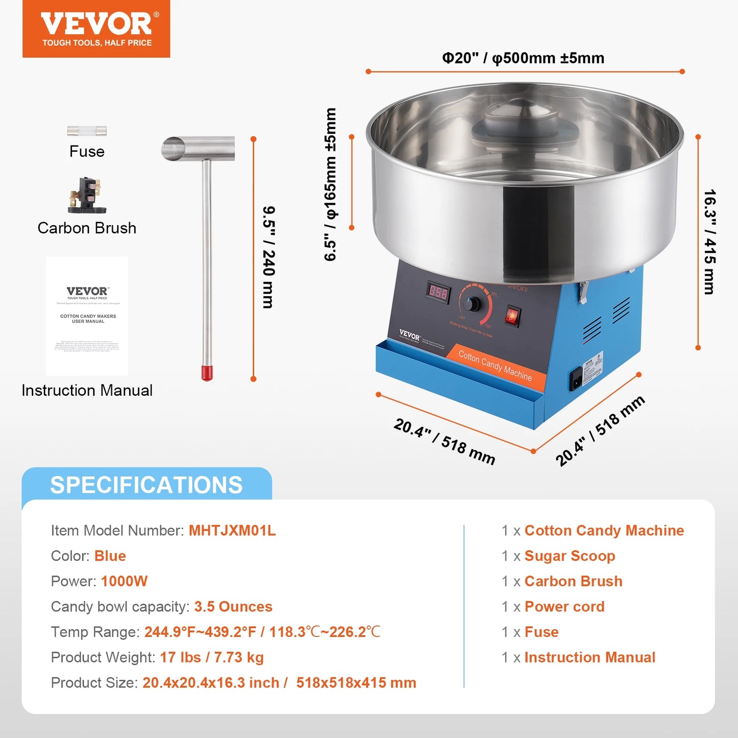 VEVOR Electric Cotton Candy Machine Candy Floss Maker Commercial Cotton Candy Machine with Stainless Steel Bowl and Sugar Scoop
