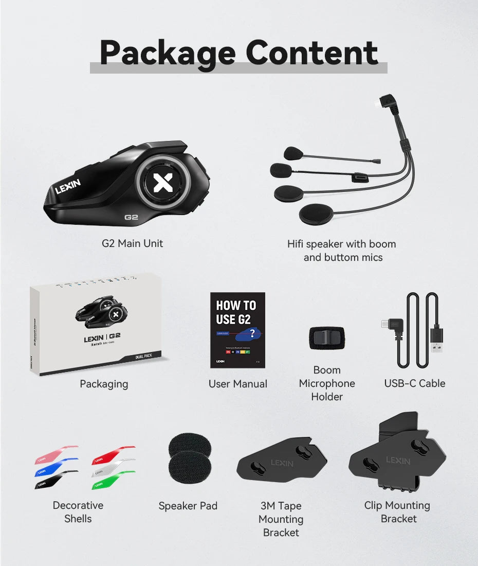 New Lexin G2 Motorcycle Intercom Helmet Bluetooth Headsets,Handsfree Communicator Up to 6 Riders Interphone with FM Radio